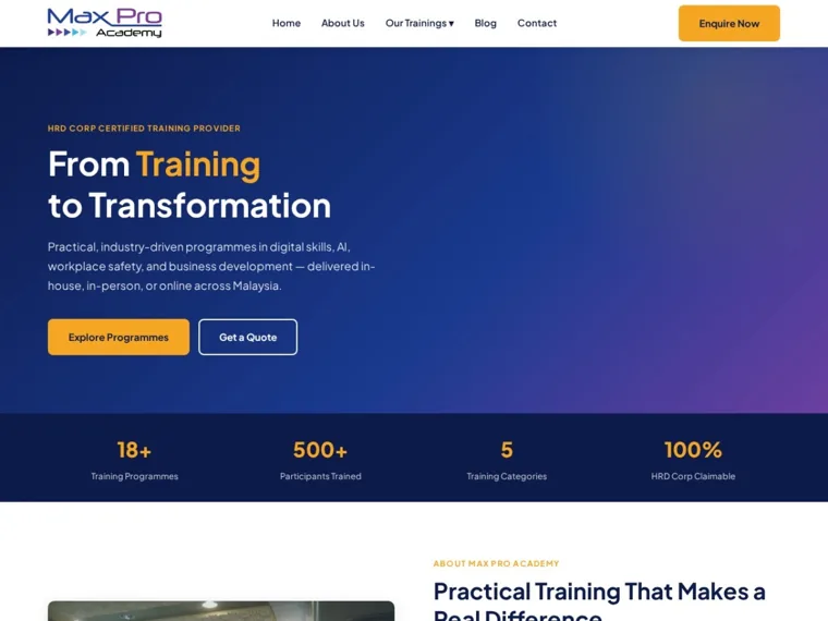 MaxPro Academy website homepage designed by Cybergate
