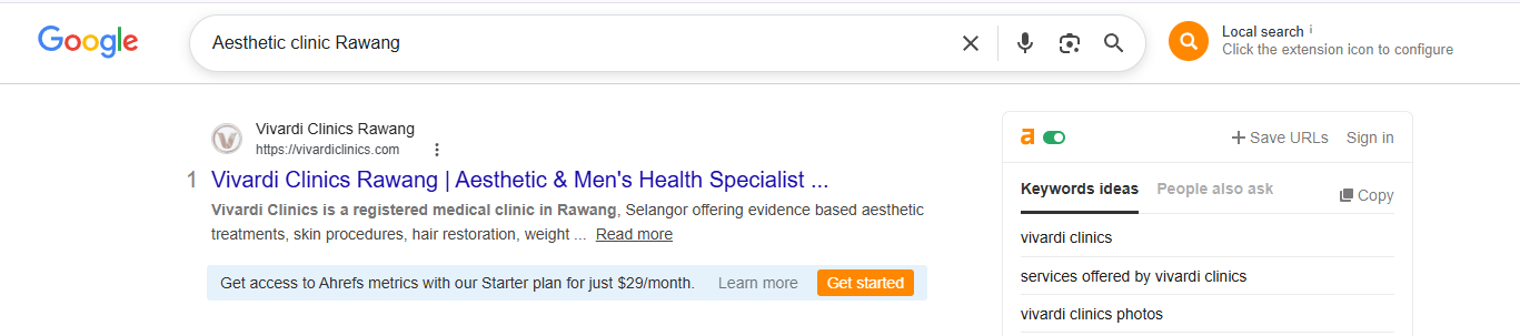Google Page 1 ranking for aesthetic clinic Rawang