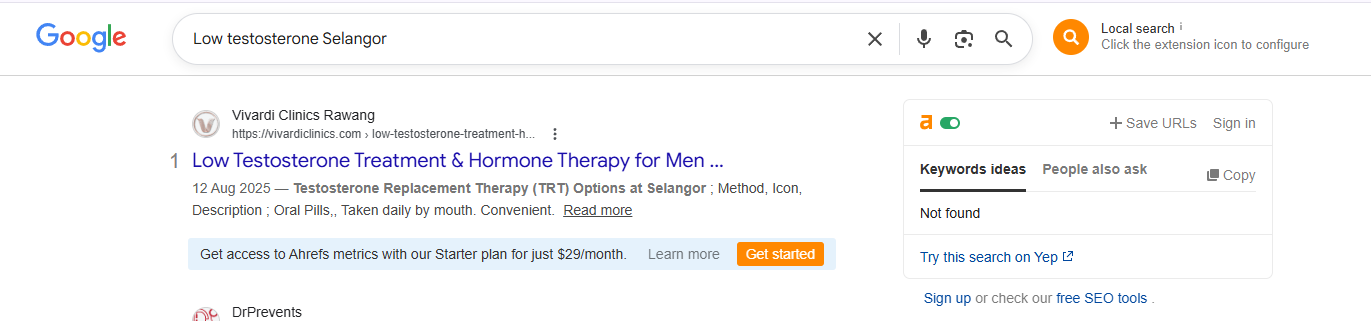 Google Page 1 ranking for low testosterone Selangor