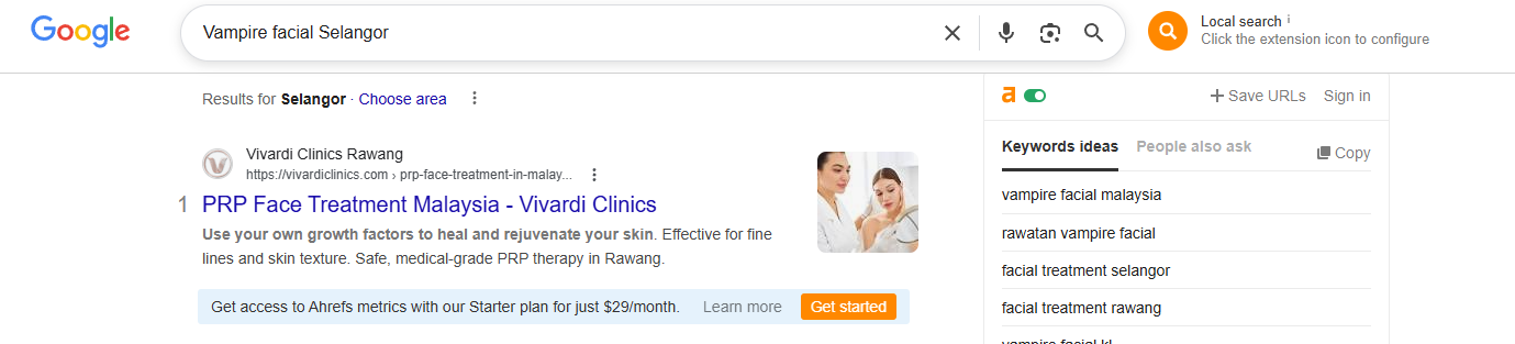 Google Page 1 ranking for vampire facial Selangor