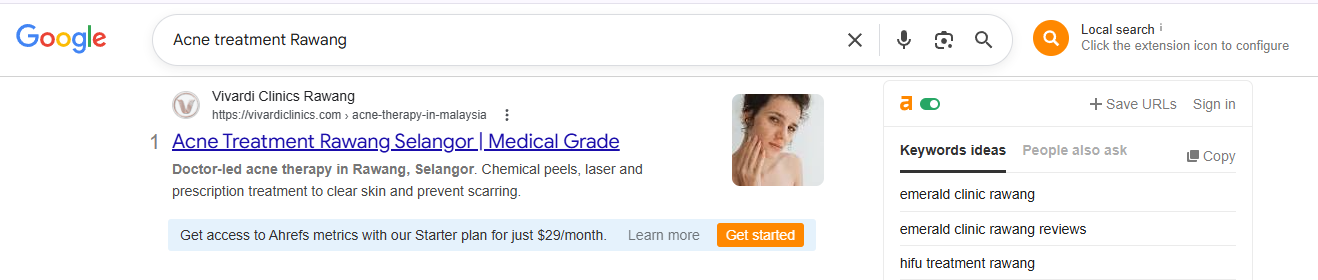 Google Page 1 ranking for acne treatment Rawang