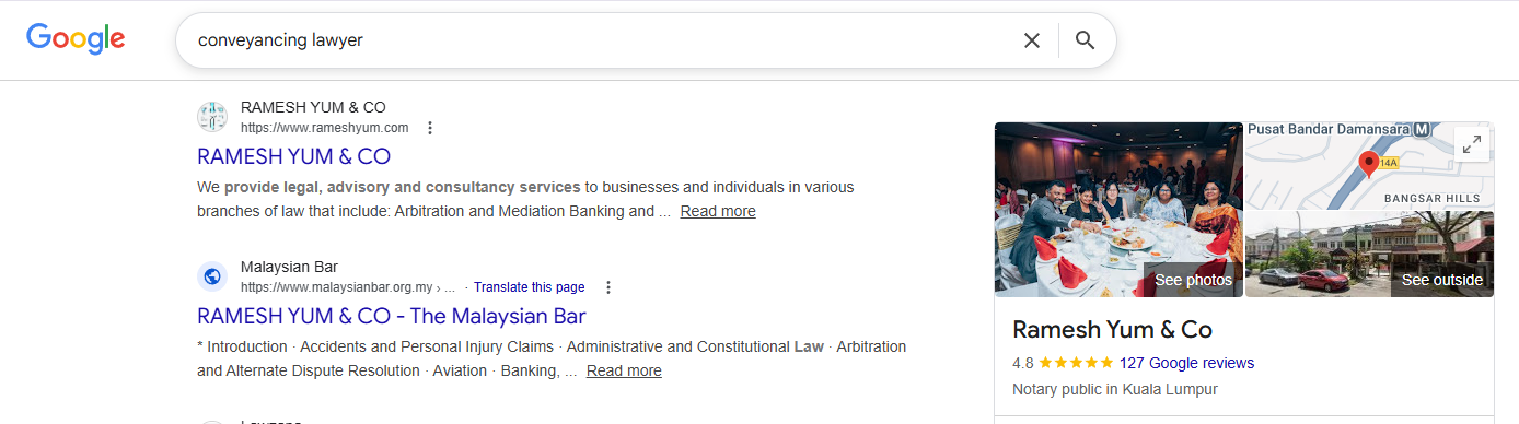 Google Page 1 ranking for conveyancing lawyer Malaysia