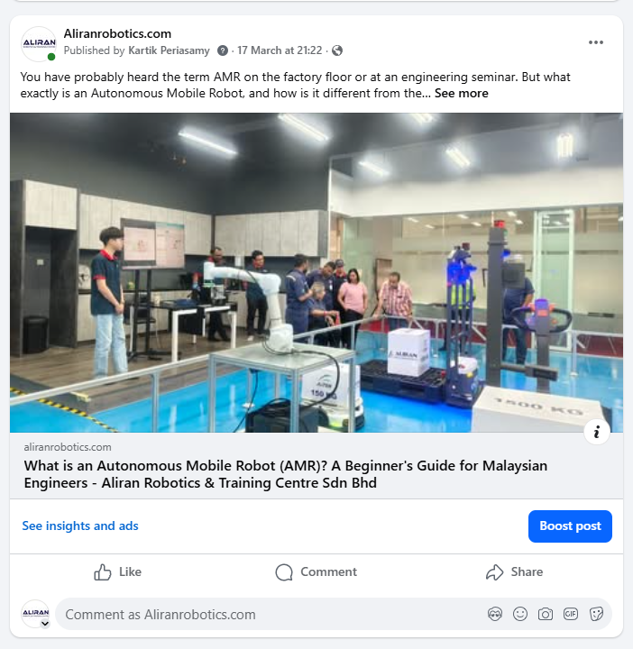 SEO article shared as Facebook post with caption and link