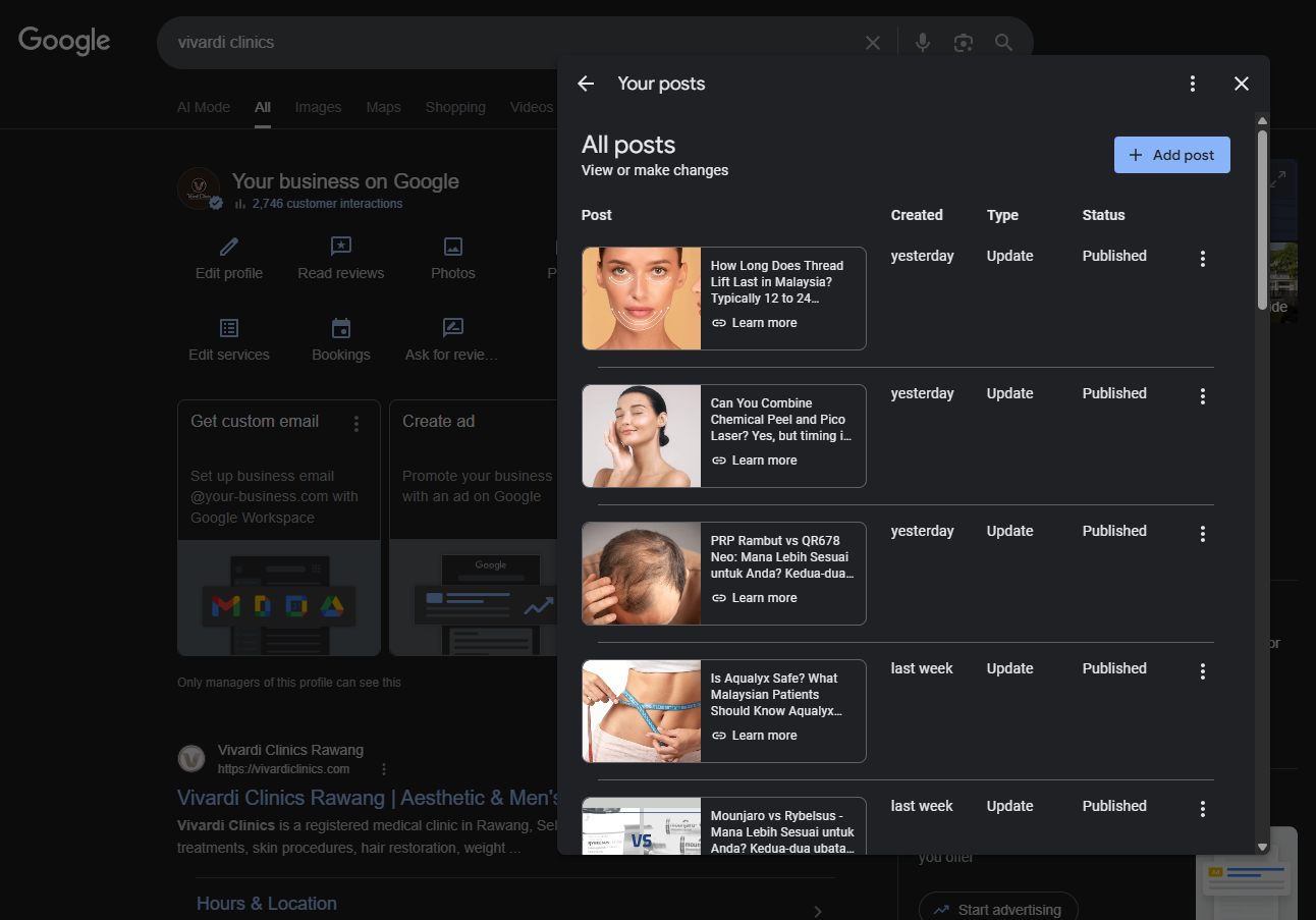 SEO article published as Google Business Profile post