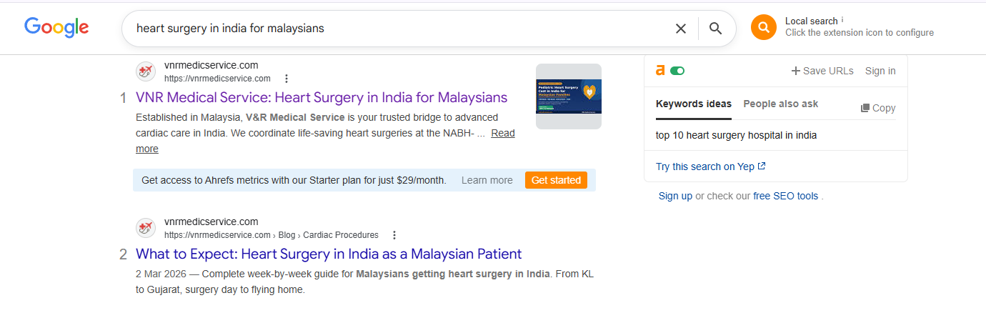 Google Page 1 ranking for heart surgery in India for Malaysians