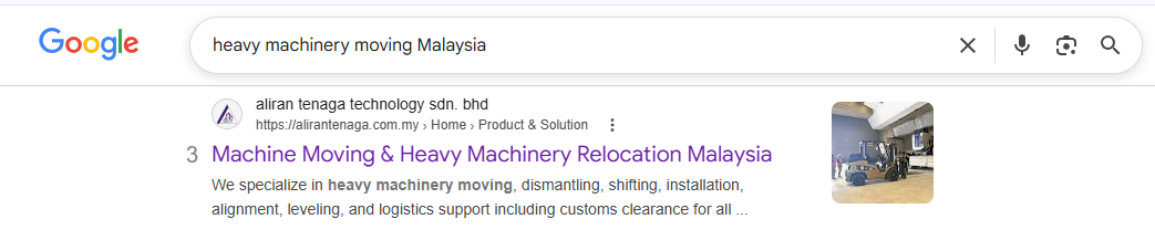 Google Page 1 ranking for heavy machinery moving Malaysia