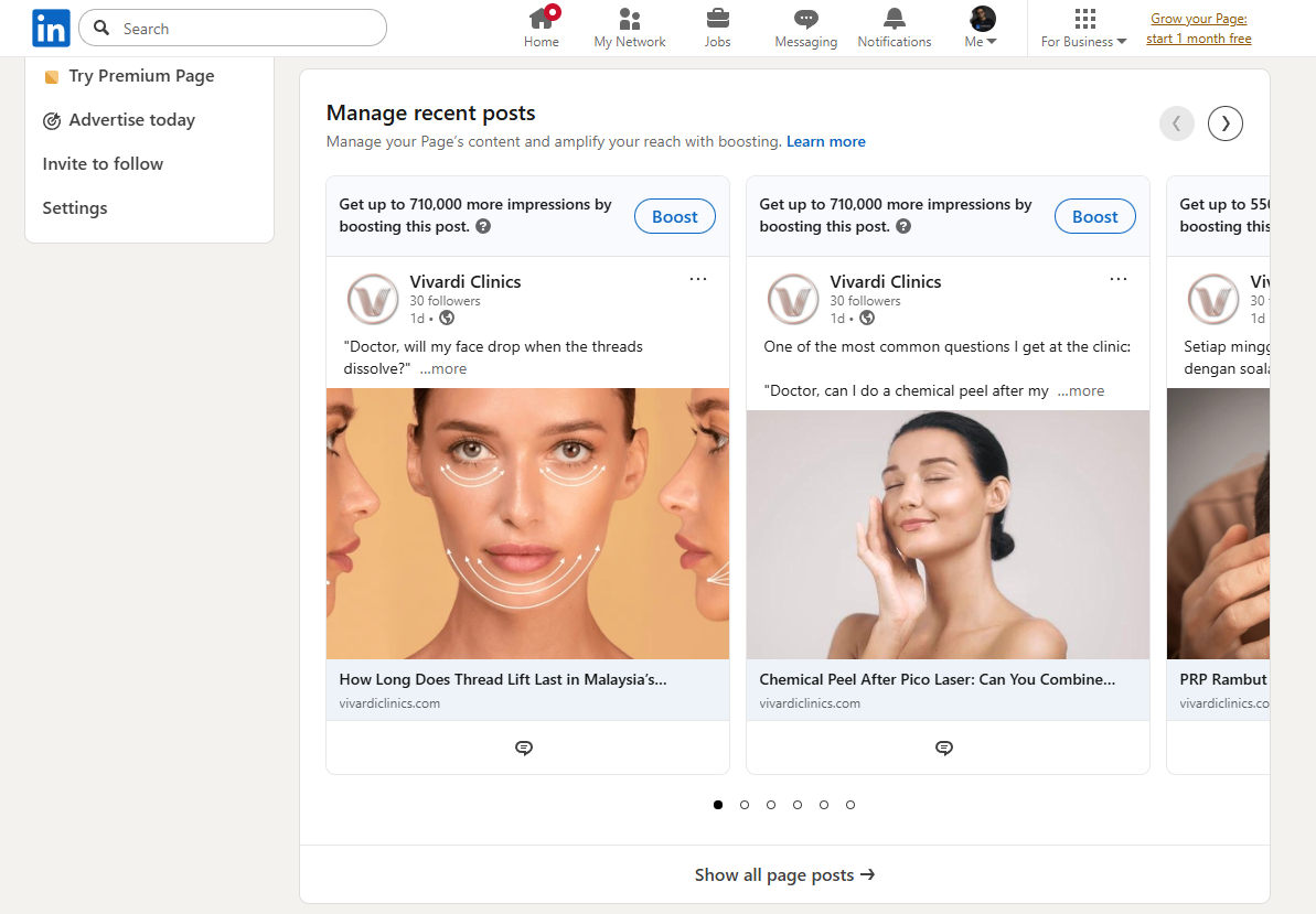 SEO article shared on LinkedIn company page