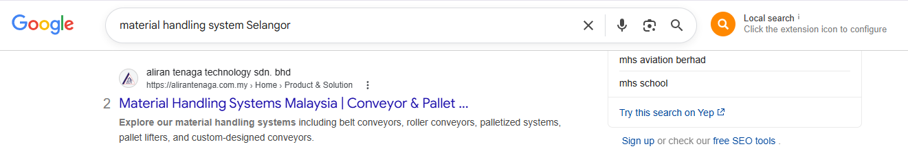 Google Page 1 ranking for material handling system Selangor